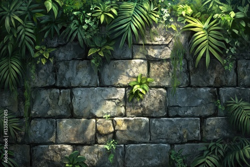 Fototapeta Naklejka Na Ścianę i Meble -  Stone wall covered in lush tropical plants. Ideal background for adventure, nature, or jungle themes.