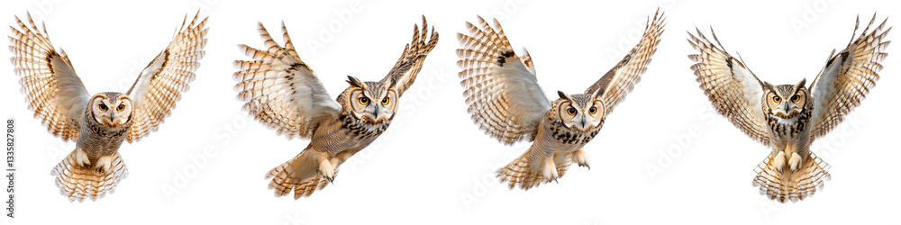 Fototapeta premium A collection of photographs capturing the graceful and powerful flight of various owl species highlighting their sharp talons keen eyes and natural hunting instincts in the wild