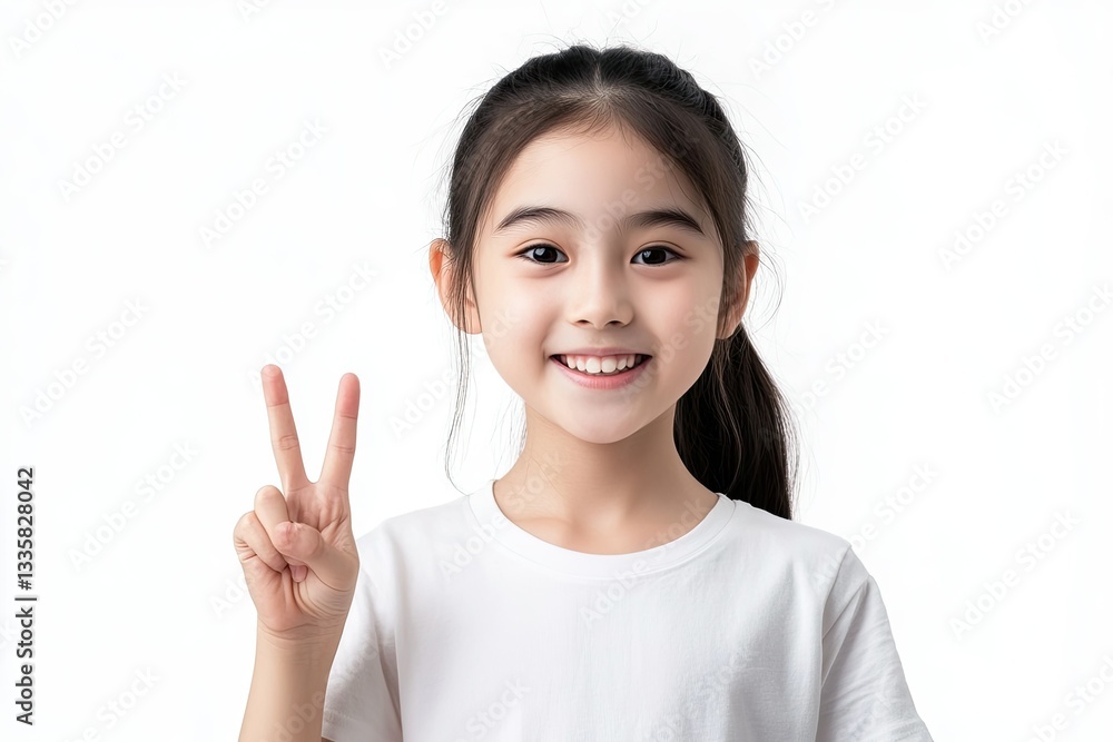 High Quality Visual of Young Chinese Girl Isolated Smiling and Showing Victory Sign High Quality Visual of Young Chinese Girl Isolated Smiling and Showing Victory Sign