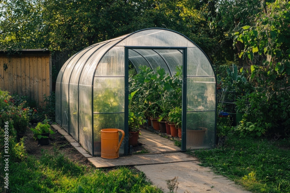 A polycarbonate greenhouse with rounded walls and roof in the garden, next to it is an open door through which plants grow inside A polycarbonate greenhouse with rounded walls and roof in the garden, next to it is an open door through which plants grow inside
