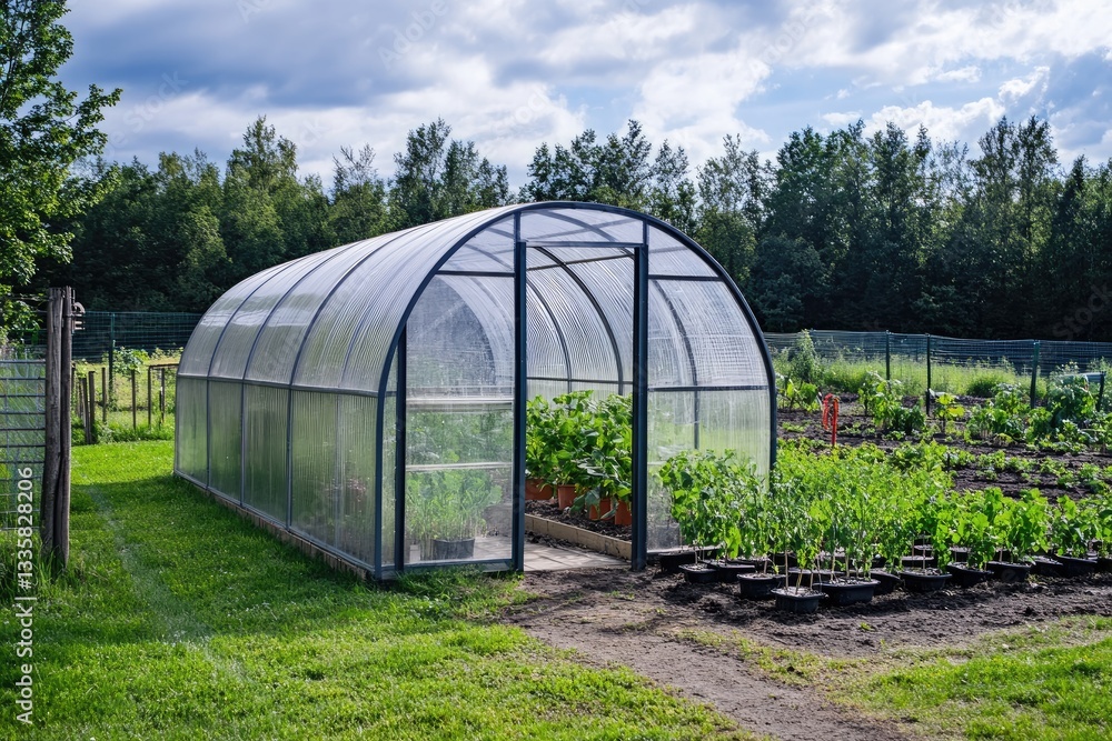 A polycarbonate greenhouse with rounded walls and roof in the garden, next to it is an open door through which plants grow inside A polycarbonate greenhouse with rounded walls and roof in the garden, next to it is an open door through which plants grow inside