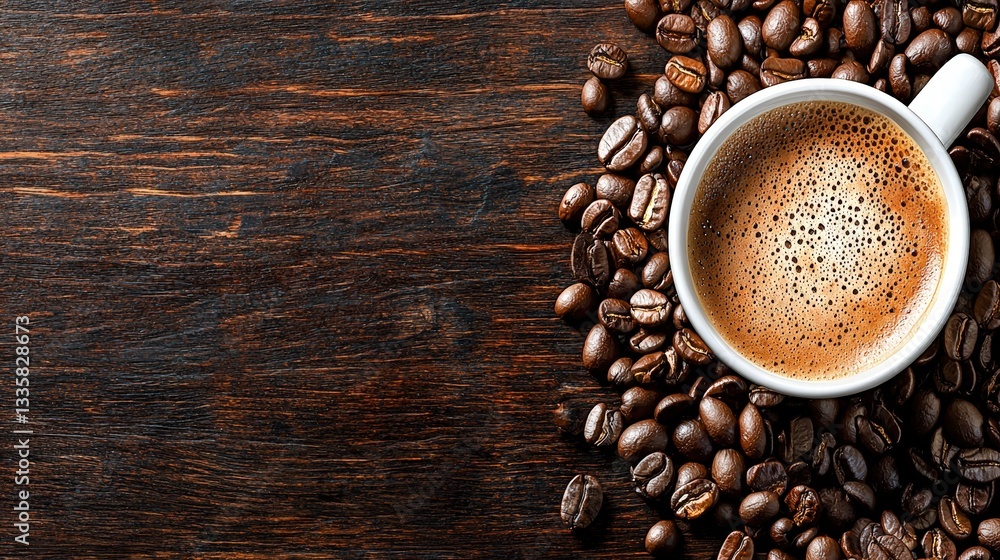 Rustic wooden table featuring a charming cup of coffee overlooking a beautiful natural setting Rustic wooden table featuring a charming cup of coffee overlooking a beautiful natural setting