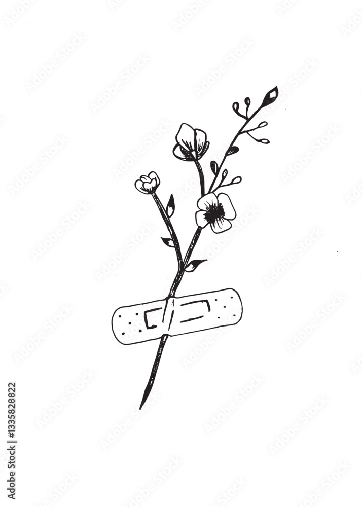 A delicate hand drawn flower wrapped in a bandage representing healing and growth Perfect for tattoos prints and creative projects Download this unique minimalist sketch design A delicate hand drawn flower wrapped in a bandage representing healing and growth Perfect for tattoos prints and creative projects Download this unique minimalist sketch design