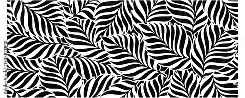 Abstract Palm Leaves Seamless Pattern Black Silhouettes on White