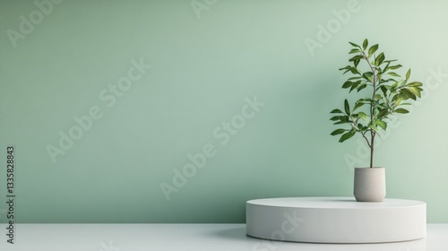 Wallpaper Mural Minimalist plant display podium, light green wall, product showcase Torontodigital.ca