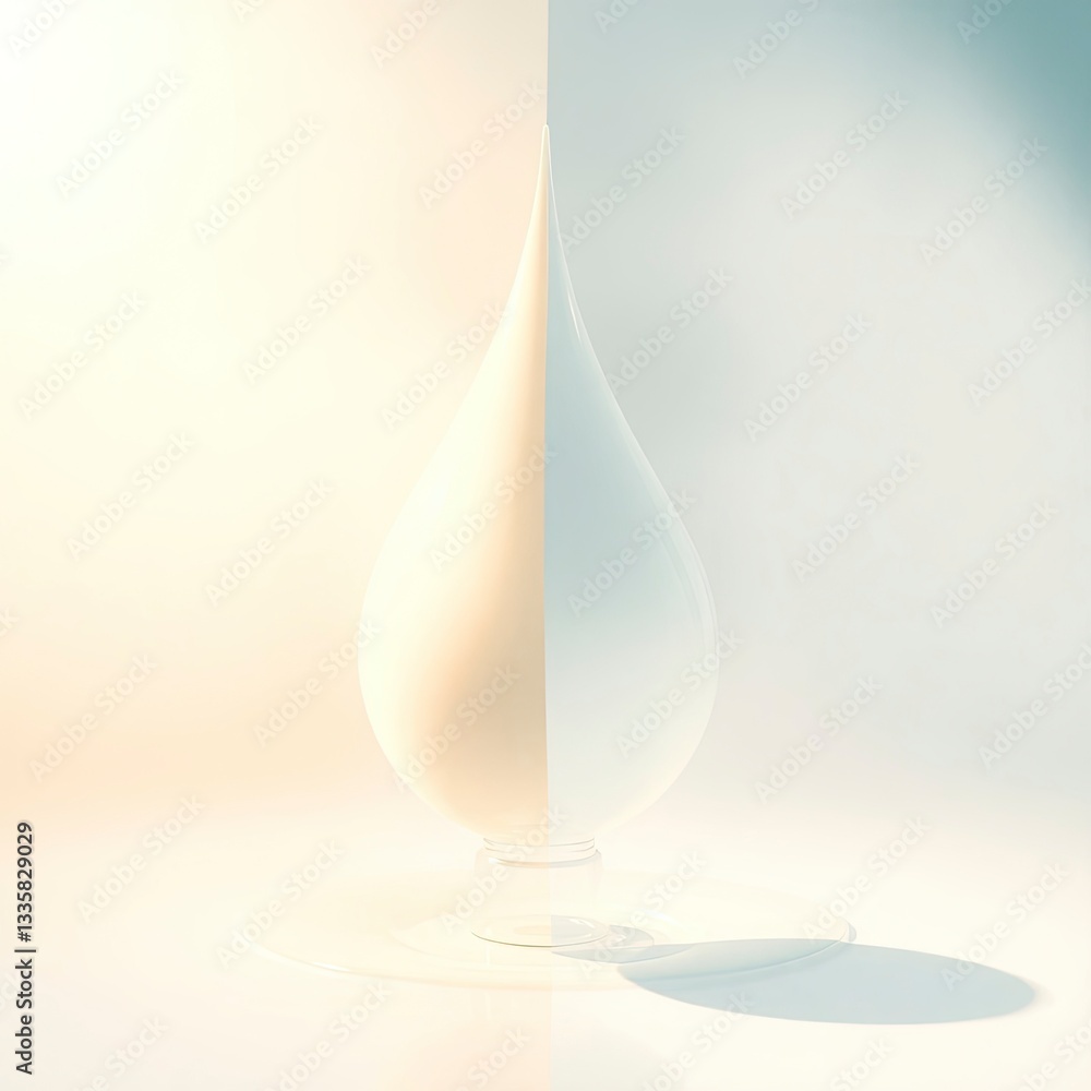 Fototapeta premium Dreamy split illustration for advertisement, showcasing a milk drops reflection. Bold areas in the divided sections highlight the product. Designed for product advertisement