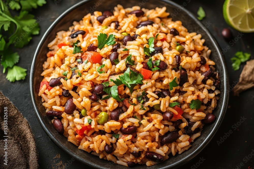 Delicious rice dish with black beans, tomatoes, and parsley. Perfect for showcasing hearty, flavorful cuisine, ideal for food blogs or restaurant menus. Delicious rice dish with black beans, tomatoes, and parsley. Perfect for showcasing hearty, flavorful cuisine, ideal for food blogs or restaurant menus.
