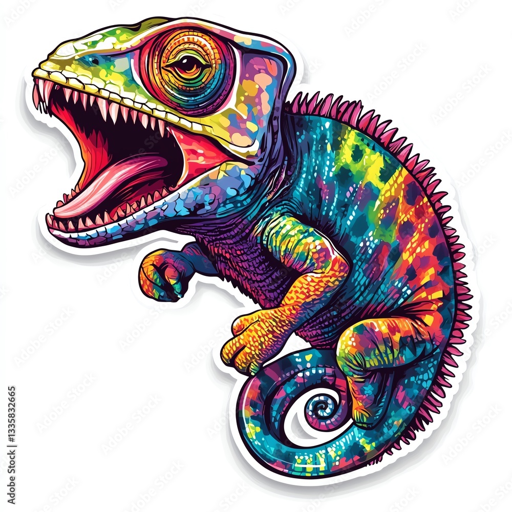 Fototapeta premium A vibrant, colorful chameleon with an expressive open mouth, showcasing its uniqueness.