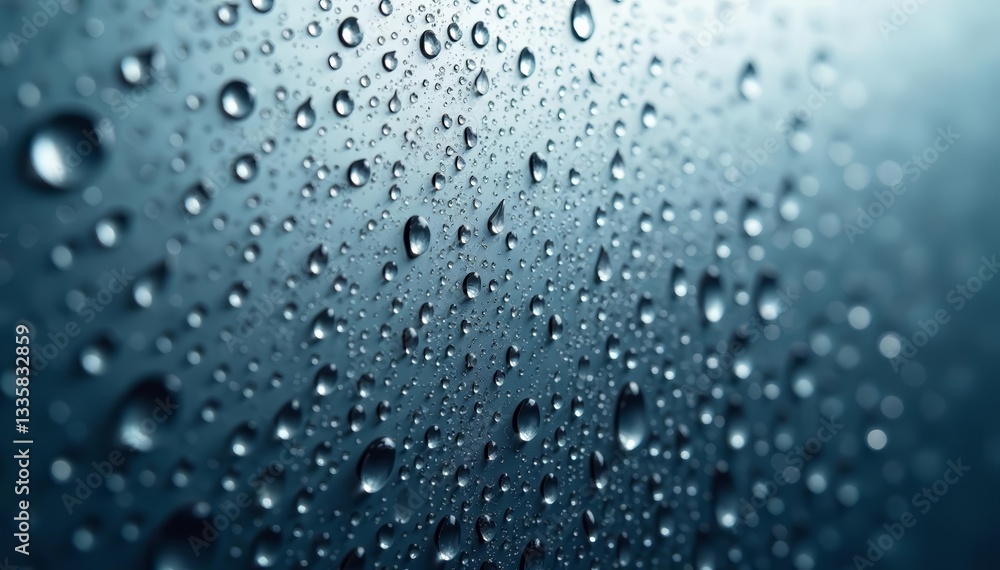 Close up of rain droplets on silver wall panel, modern design, outdoor, gray, raindrops Close up of rain droplets on silver wall panel, modern design, outdoor, gray, raindrops