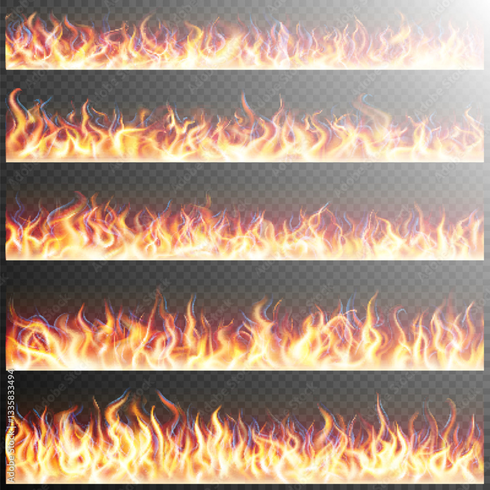 Collection of horizontal flame borders with varying intensities and styles, set on a transparent background