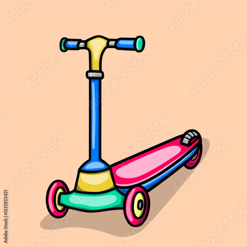 Colorful three-wheeled kick scooter.