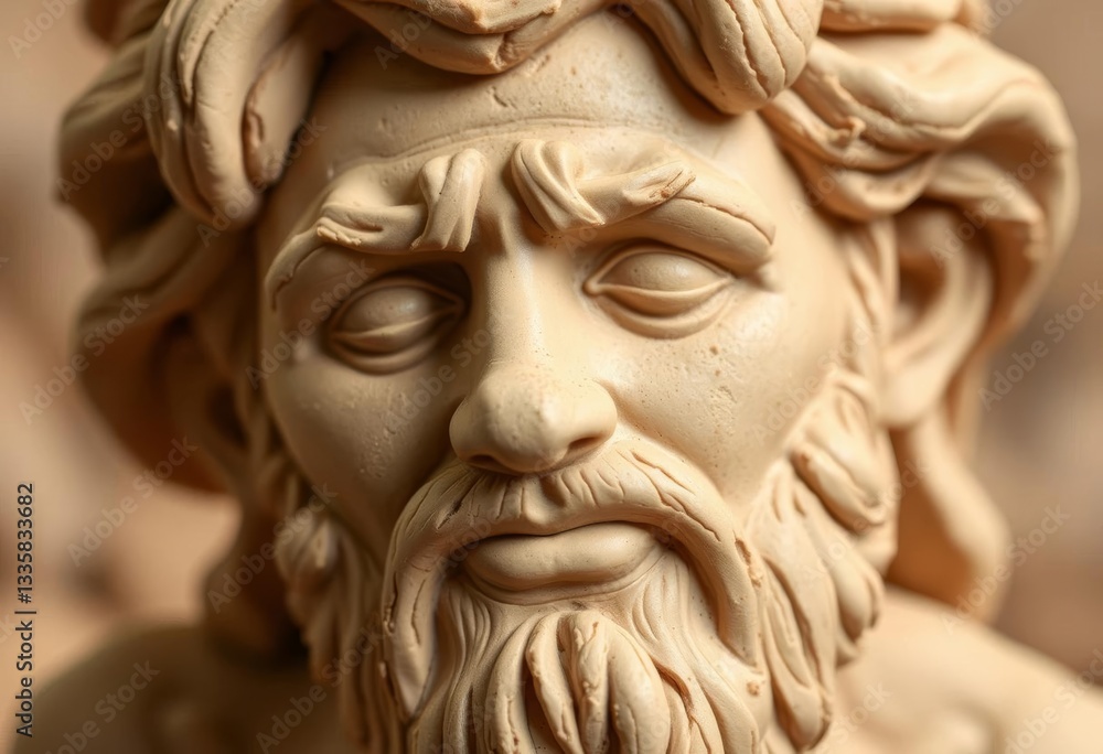Close-up of sculpted clay figure resembling Adam, unfinished, showing texture and detail, origin, narrative art Close-up of sculpted clay figure resembling Adam, unfinished, showing texture and detail, origin, narrative art