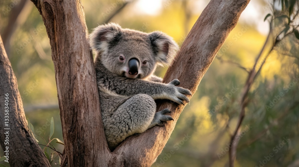 Fototapeta premium Calm Koala Relaxing on a Tree Branch in Australian Landscape