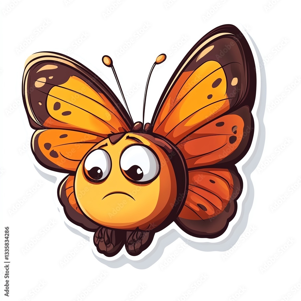 A whimsical cartoon butterfly with a sad expression and vibrant orange wings. A whimsical cartoon butterfly with a sad expression and vibrant orange wings.