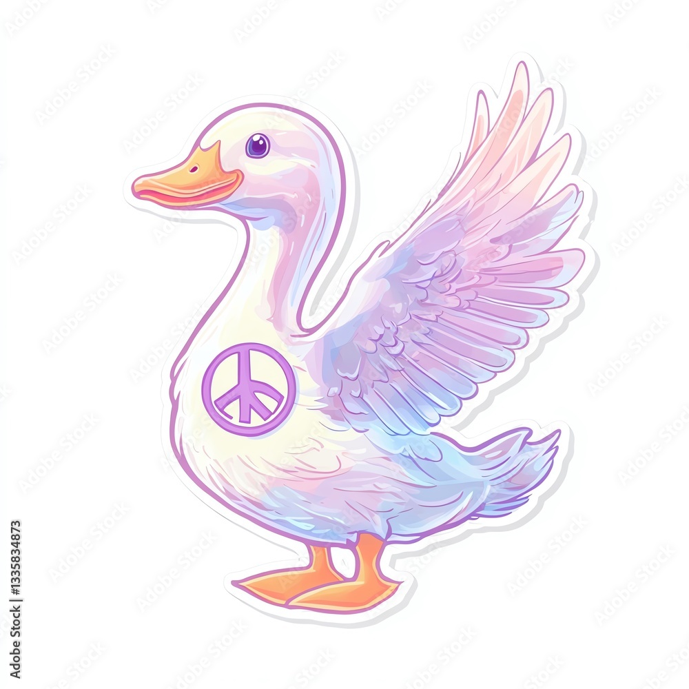 A whimsical, pastel-colored duck with a peace symbol on its body, wings outstretched. A whimsical, pastel-colored duck with a peace symbol on its body, wings outstretched.