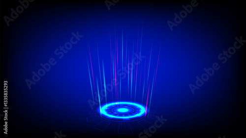 Blue Hologram portal, Magic fantasy portal. Magic circle teleport podium with hologram effect. Abstract high tech futuristic technology design.  Sci-fi element light 
