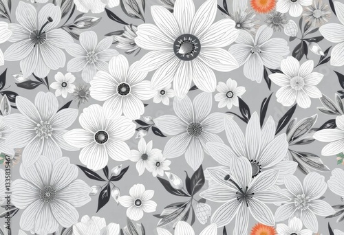 Contemporary grey floral collage seamless pattern with linear shapes; modern exotic design for fabric, paper, decor, print, leaves