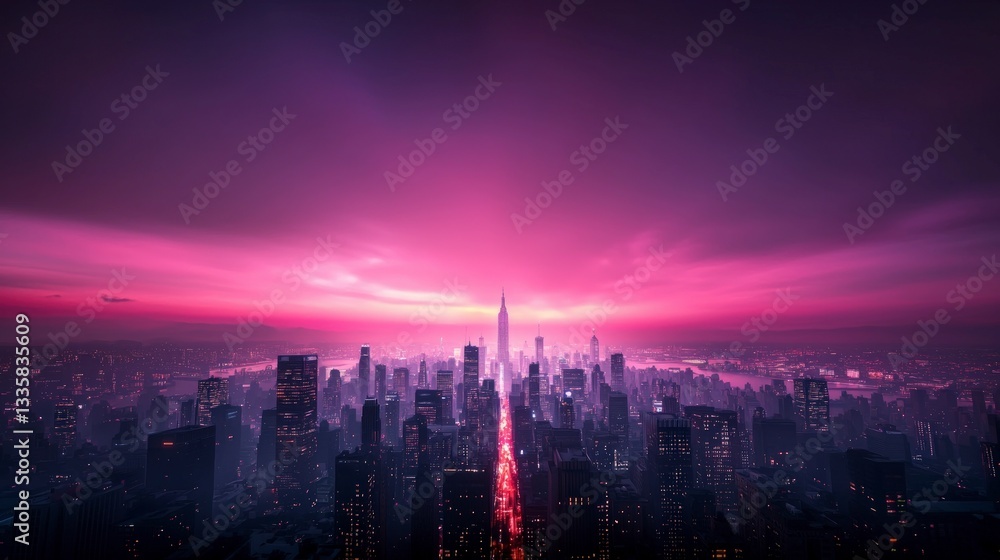 Fototapeta premium Futuristic Metropolis Skyline Neon Cityscape at Sunset