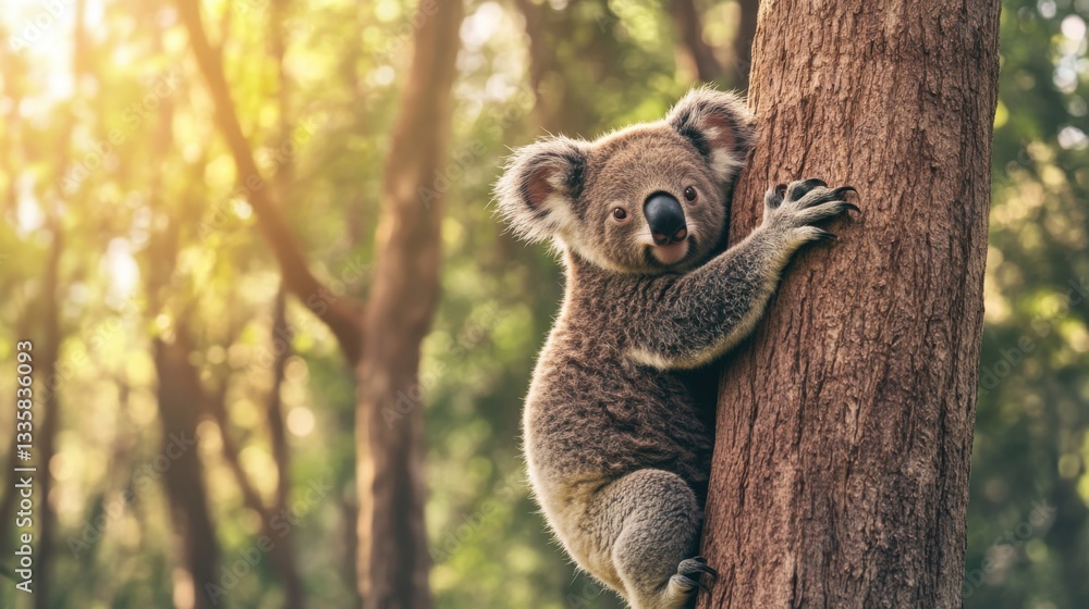Obraz premium Cute Koala Climbing Tree in Lush Natural Forest Environment