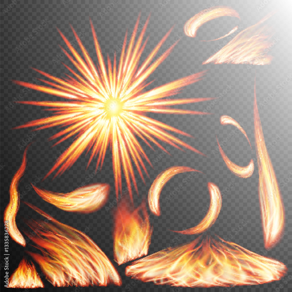 Collection of dynamic fire and flame effects on a transparent background. Each flame element is isolated, making them versatile for graphic design, illustration, or animation purposes.