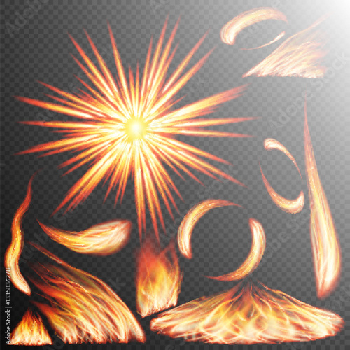 Obraz na płótnie Collection of dynamic fire and flame effects on a transparent background. Each flame element is isolated, making them versatile for graphic design, illustration, or animation purposes. w salonie