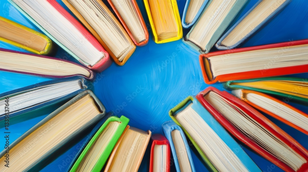 Colorful books in a swirling pattern on blue, symbolizing creativity and vibrant imagination.
Colorful books in a swirling pattern on blue, symbolizing creativity and vibrant imagination.