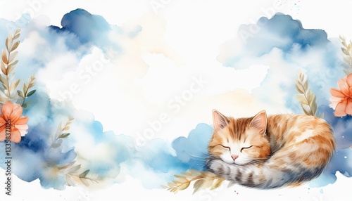  A whimsical watercolor frame with a cat curled up in a cozy position