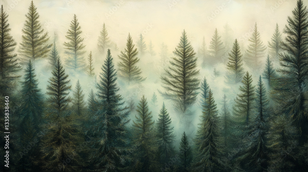 Fototapeta premium An image of a dense pine forest, tall evergreen trees shrouded in fog