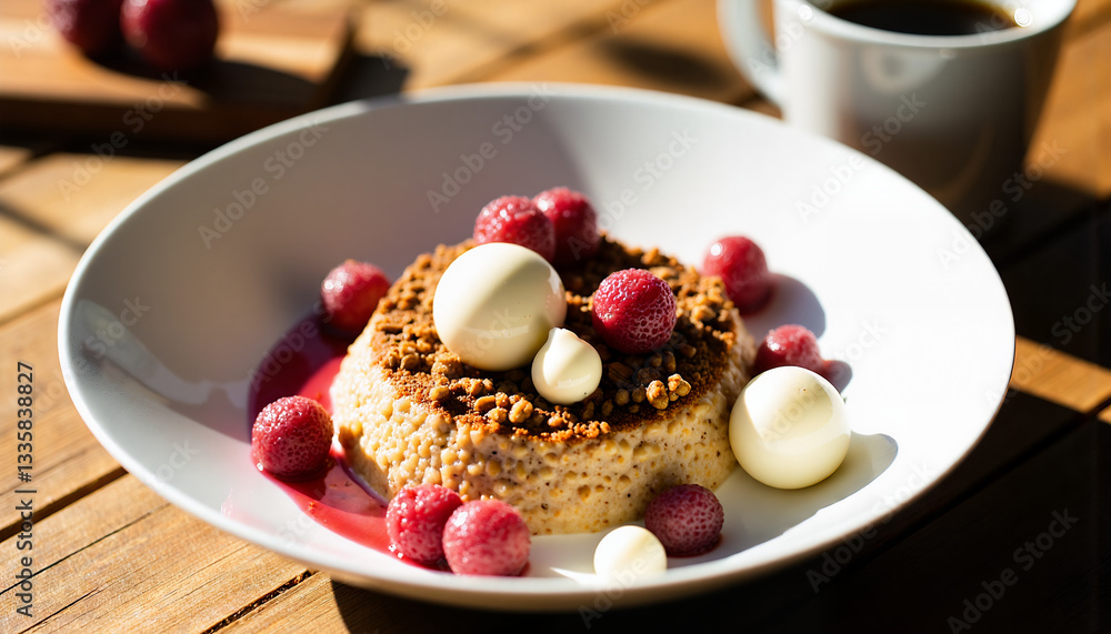 Close up of dessert with berries and white chocolate spheres on a white plate with coffee cup Close up of dessert with berries and white chocolate spheres on a white plate with coffee cup