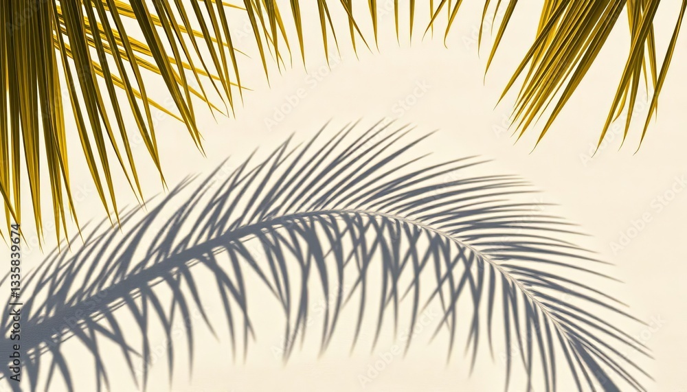 Fototapeta premium Palm leaf shadow on smooth sand; summer beach vacation concept, ocean, simple
