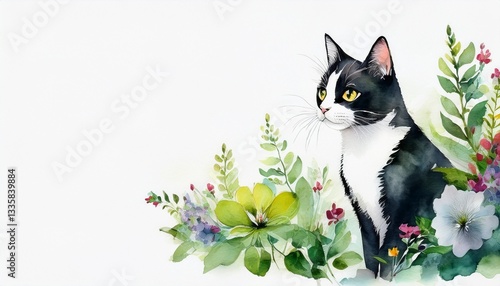 A serene watercolor image featuring a peaceful scene of soft greenery and delicate flowers