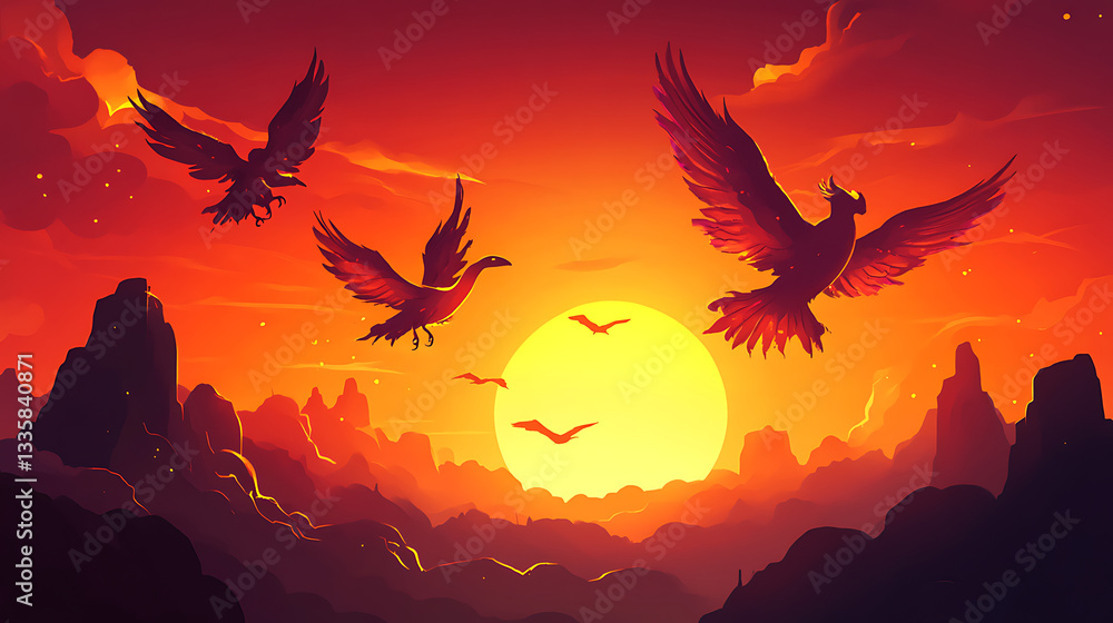 Vibrant sunset scene with soaring birds over rugged mountains, capturing nature's beauty and tranquility Vibrant sunset scene with soaring birds over rugged mountains, capturing nature's beauty and tranquility