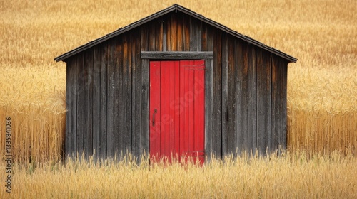 A rustic wooden shed with red door in a wheat field
