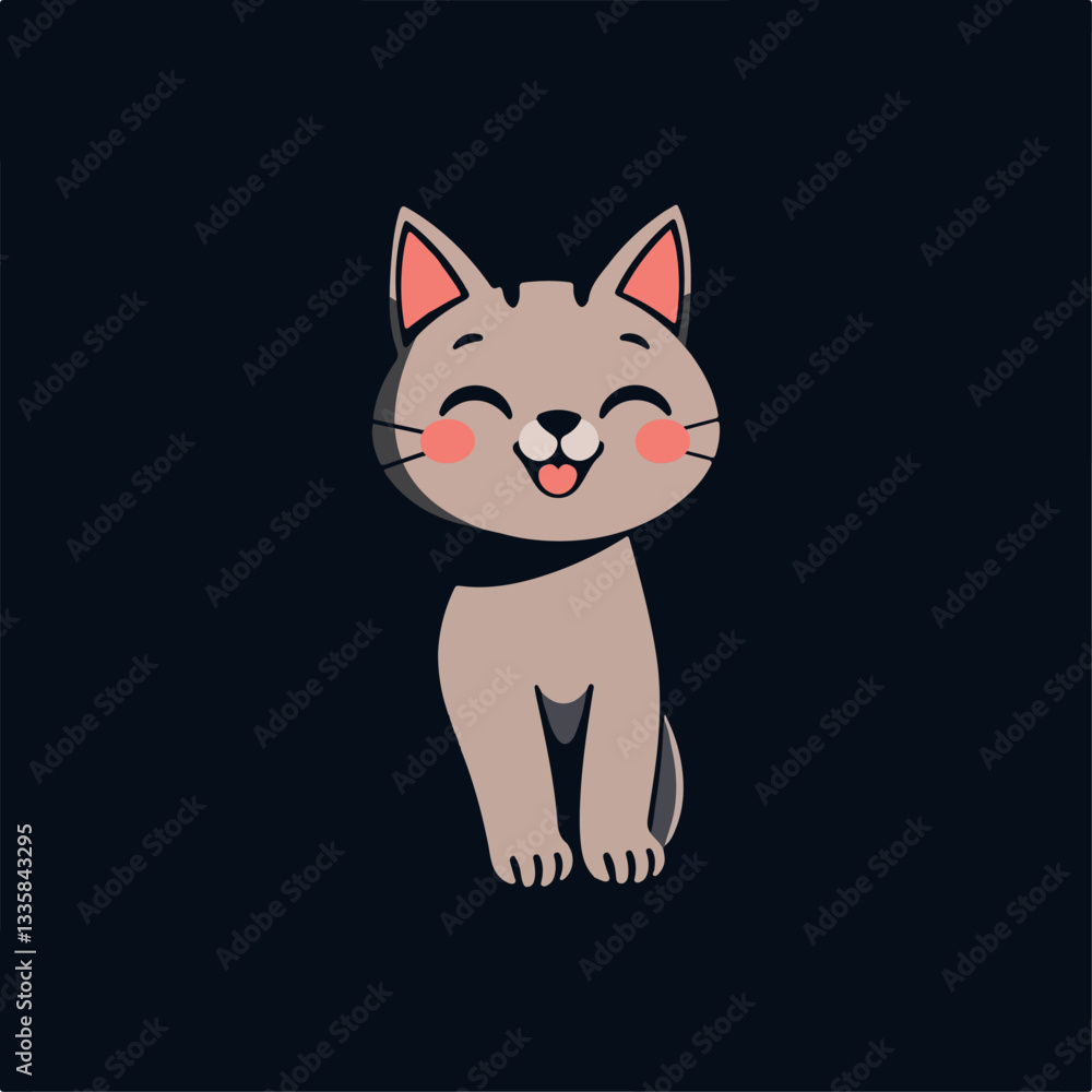 Happy Cartoon Cat Smiling with Pink Cheeks on Black Background Happy Cartoon Cat Smiling with Pink Cheeks on Black Background