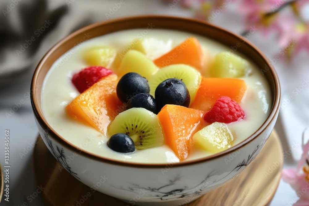 Fresh Fruit Salad with Yogurt in Decorative Bowl on Wooden Table Fresh Fruit Salad with Yogurt in Decorative Bowl on Wooden Table