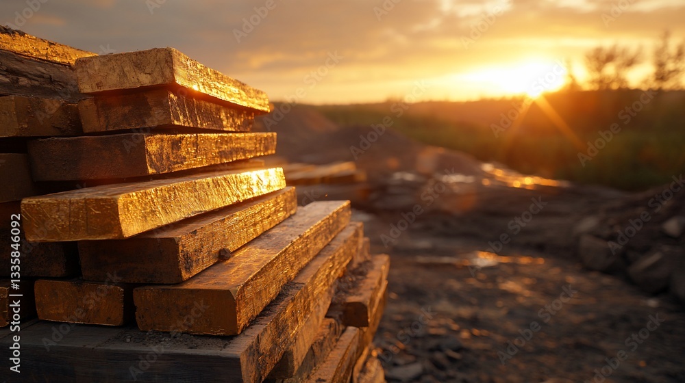Obraz premium Lumber stacked near construction site bathed in the warm glow of sunset