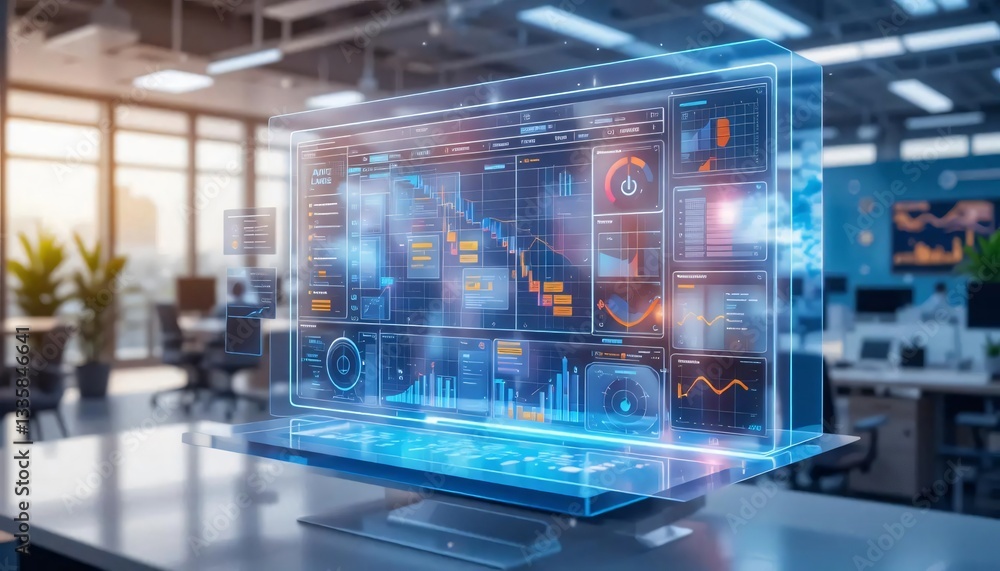 Futuristic Holographic Display Shows Business Data Analytics Charts Graphs Modern Office Setting Futuristic Holographic Display Shows Business Data Analytics Charts Graphs Modern Office Setting