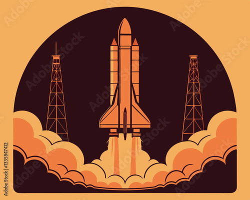 Stylized illustration of a space shuttle launching with towers and fiery smoke against an orange sky.