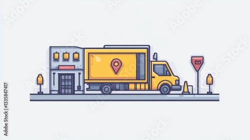 Stylized Yellow Delivery Truck in Urban Setting with Location Icon for Logistics Promotion