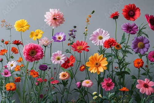 Vibrant Playful Garden Flowers on a Soft Focus Light Gray Background