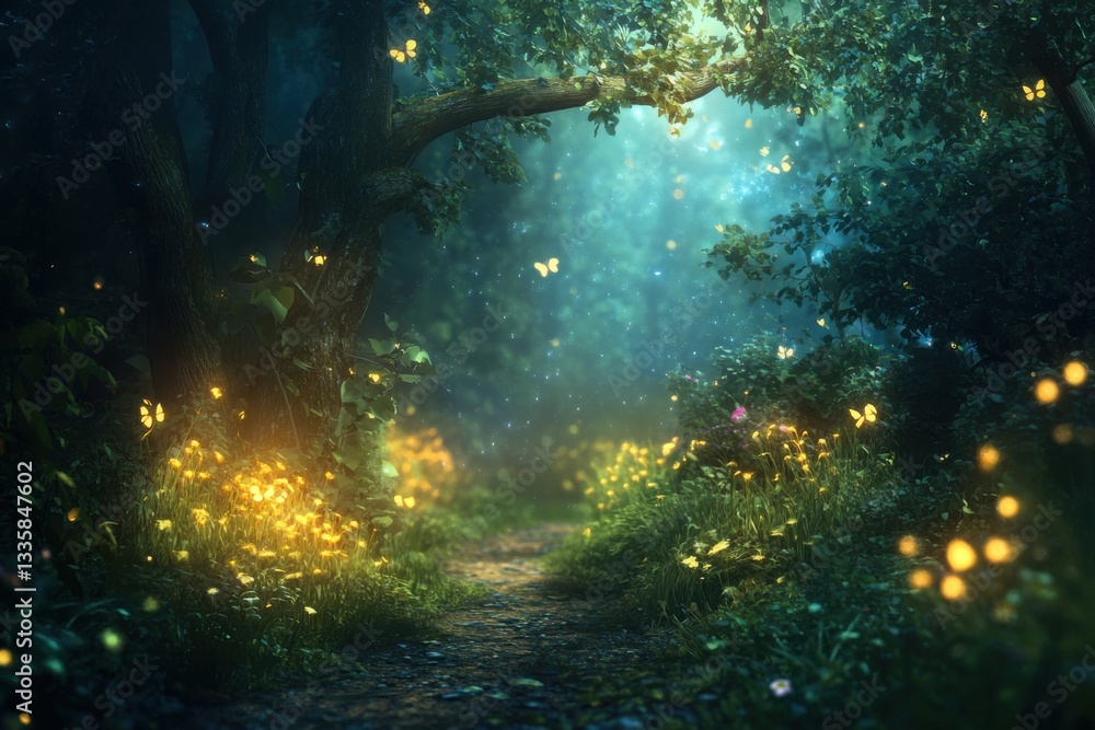 Obraz premium Enchanted Forest with Glowing Butterflies and Luminous Flowers