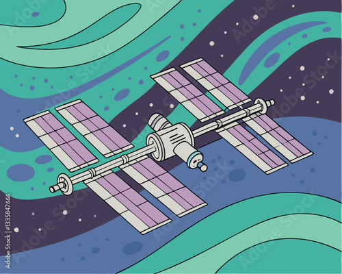 A modern satellite gracefully orbits Earth amidst a breathtaking display of colorful auroras and a twinkling star-filled night sky, showcasing the beauty and technology of space exploration.