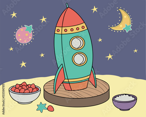 A charming cartoon rocket ship sits poised on a wooden launchpad, surrounded by whimsical stars and decorative leaves under a deep blue starry sky.