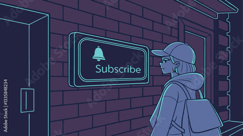 A stylized illustration of a young woman standing near a brick wall with a glowing "Subscribe" sign.