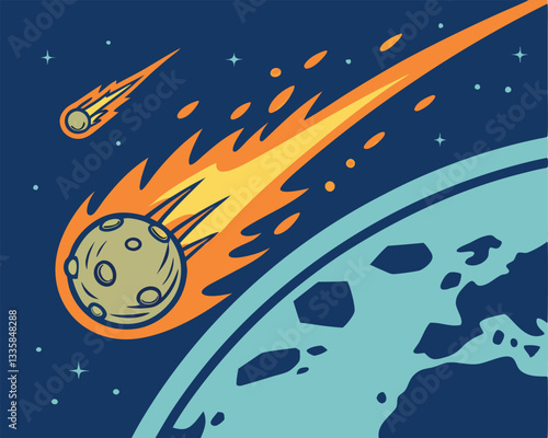 A vibrant cartoon comet with a fiery orange and yellow tail streaks across the dark blue expanse of space, near a teal planet and twinkling stars.