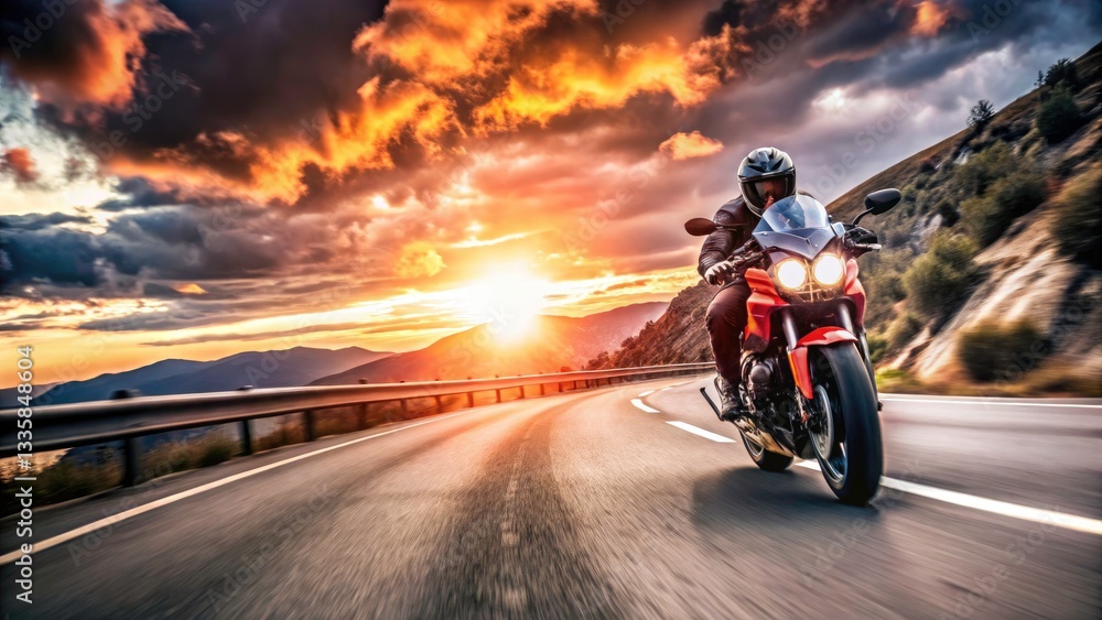 Fototapeta premium Panoramic Motorcycle Road Trip: Epic Highway Adventure, Stunning Landscape Views