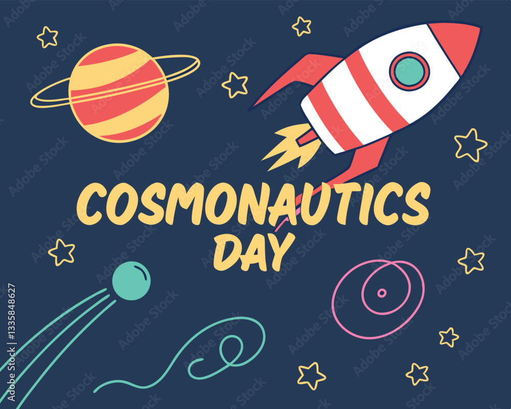 Fototapeta premium Celebrate Cosmonautics Day with this fun cartoon rocket, planets, and stars design.