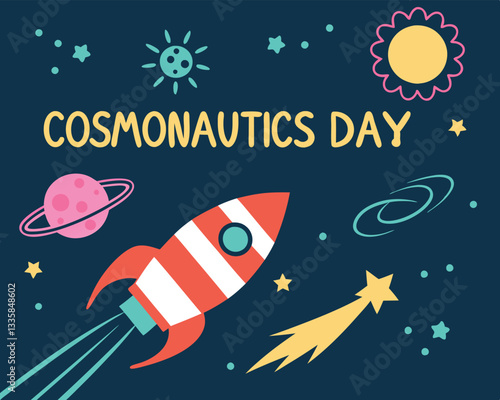 Celebrate Cosmonautics Day with this fun cartoon rocket, planets, and stars design.