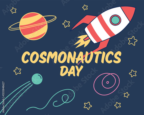 Celebrate Cosmonautics Day with this fun cartoon rocket, planets, and stars design.