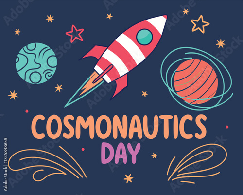 Celebrate Cosmonautics Day with this fun cartoon rocket, planets, and stars design.
